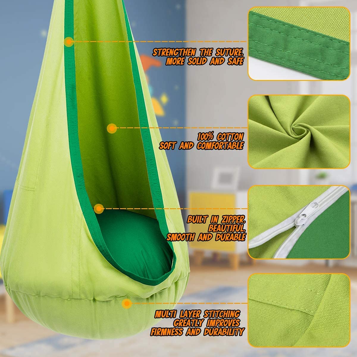 1Pc Kids Pod Swing Seat Cotton - Kids Yellow Outdoor Chair 评论和价格